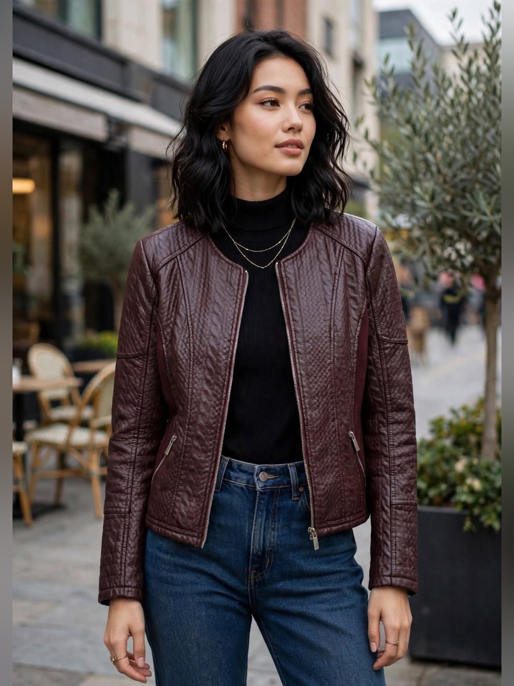 New York & Company Quilted Faux Leather Moto Jacket Burgundy Wine M